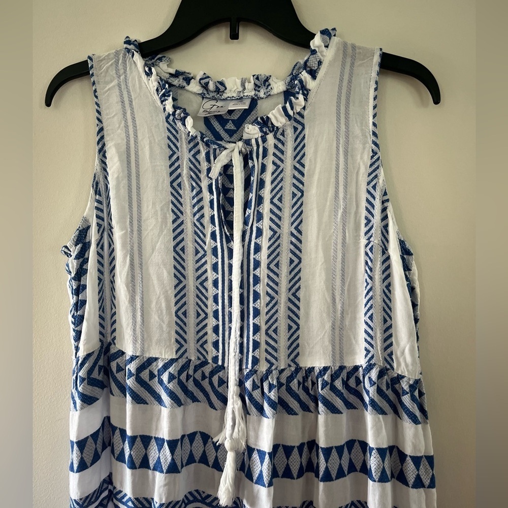 Goa Beachwear By Japna Blue White Print Tiered Maxi Dress Sz M - Picture 8 of 13
